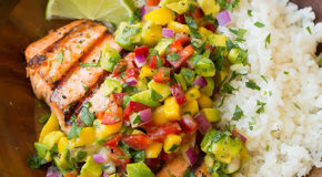 Grilled Lime Salmon with Avocado-Mango Salsa and Coconut Rice Recipe