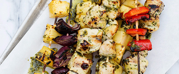 Grilled Chicken and Pineapple Skewers with Basil Dressing Recipe