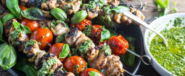 Grilled Lemon-Garlic Chicken and Tomato Kebabs With Basil Chimichurri Recipe